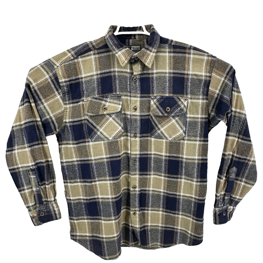 Canyon Guide Outfitters Mens XL Flannel Shirt Black Tan Plaid Hiking Work